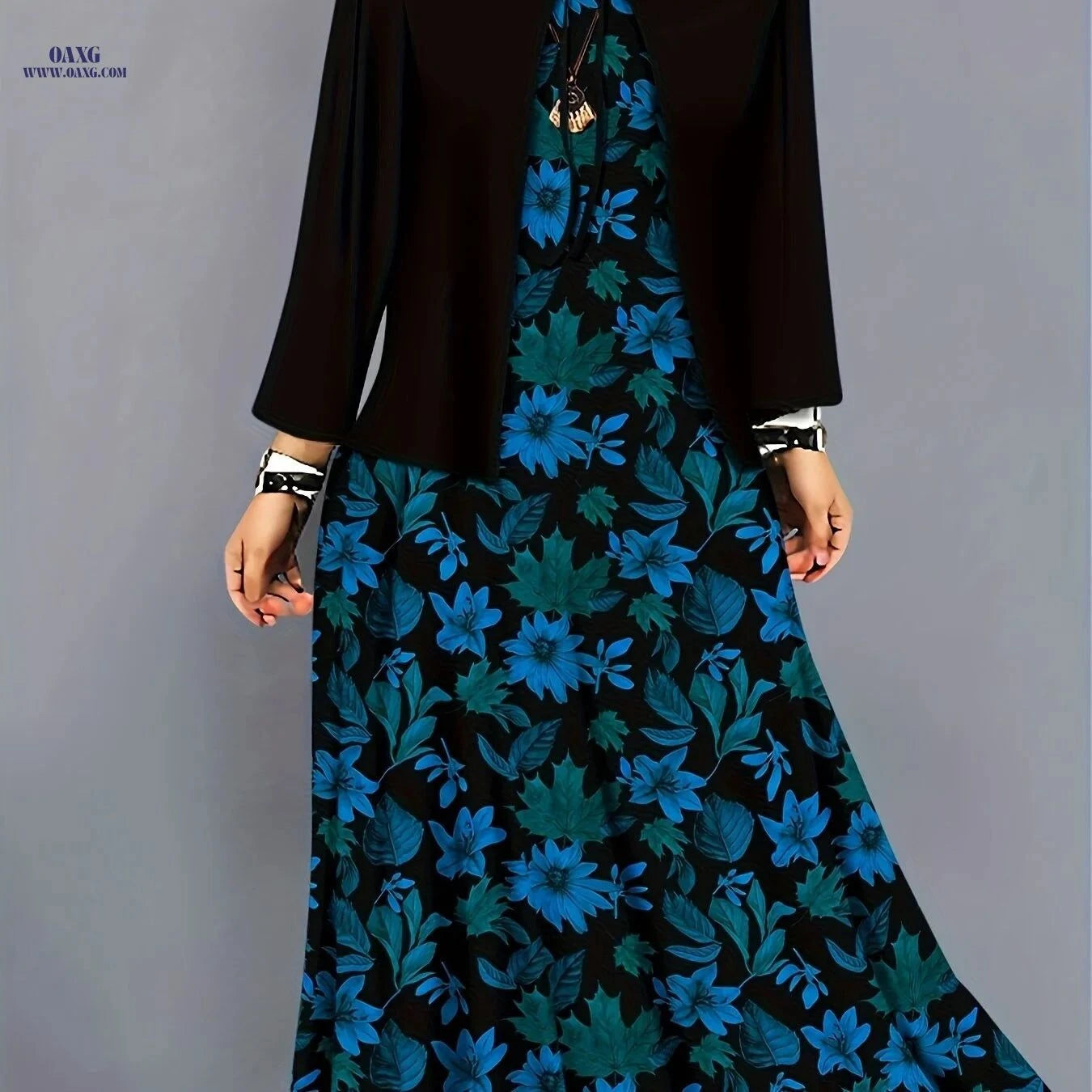 Elegant Autumn Winter Women's Suit - Black Lace Cardigan & Floral Dress   OAXG Black / S