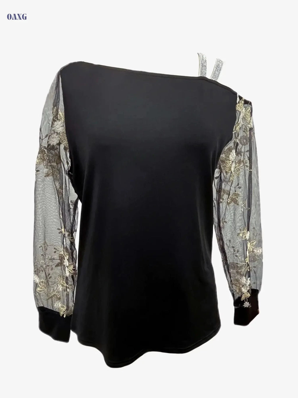 Elegant Autumn Women’s Casual Top - Embroidered Off-Shoulder T-Shirt   OAXG Black / S