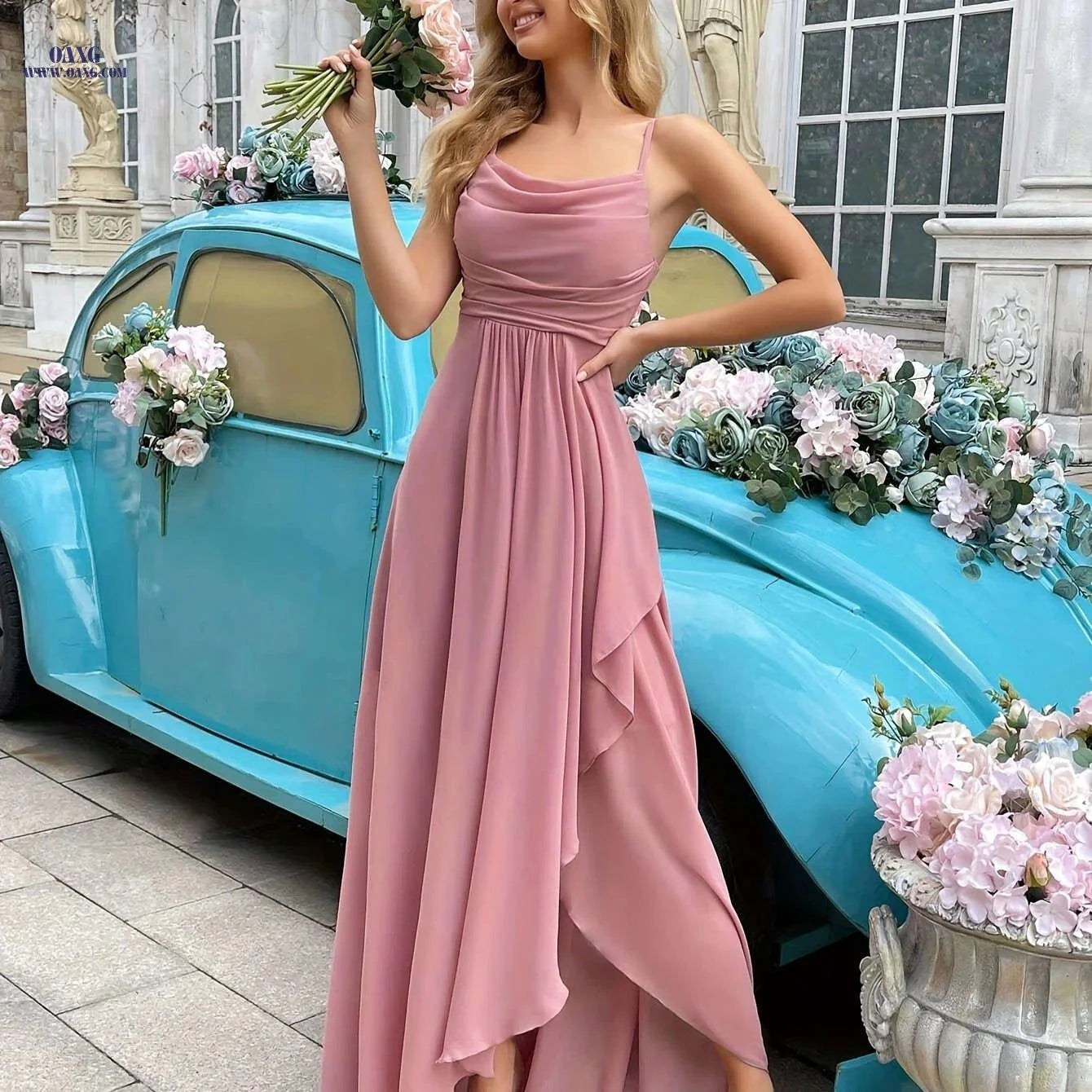 Elegant Backless Spaghetti Strap Dress - Ruffled Fit & Flare Style   OAXG 