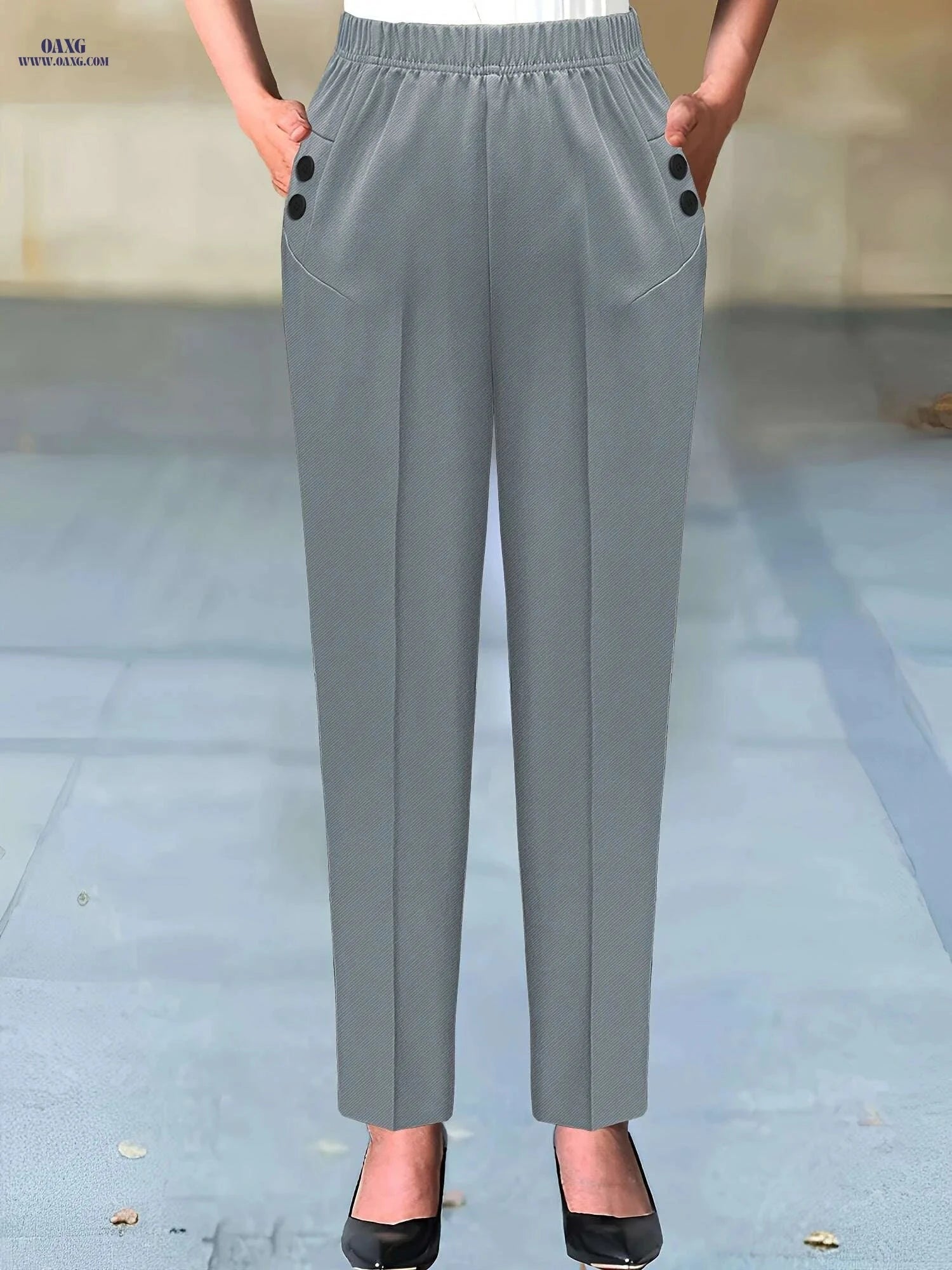 Elegant Beige Women's Pants - Sophisticated Non-Stretch Office Trousers   OAXG 