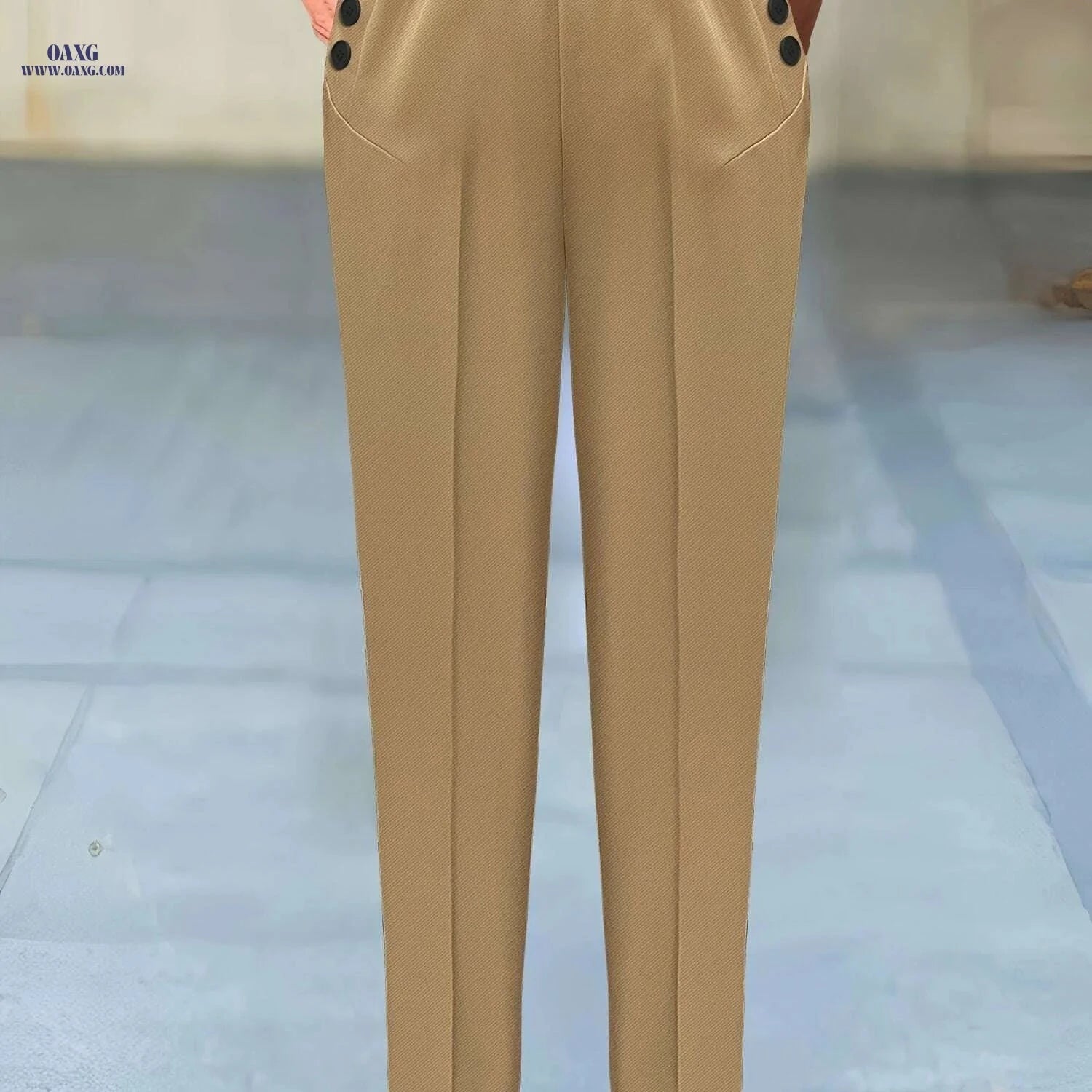 Elegant Beige Women's Pants - Sophisticated Non-Stretch Office Trousers   OAXG 