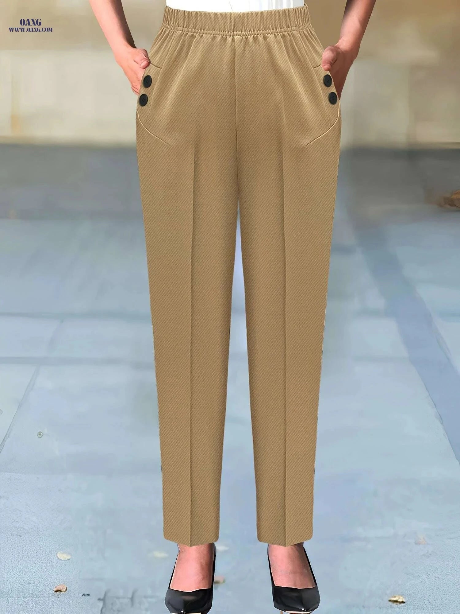 Elegant Beige Women's Pants - Sophisticated Non-Stretch Office Trousers   OAXG Black / S