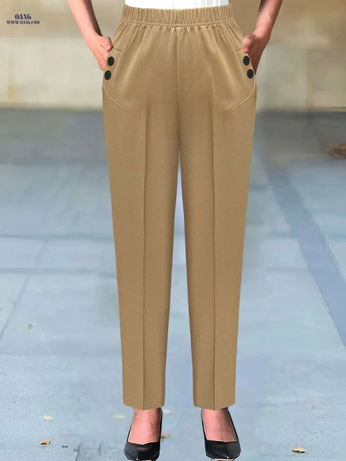 Elegant Beige Women's Pants - Sophisticated Non-Stretch Office Trousers   OAXG Black / S
