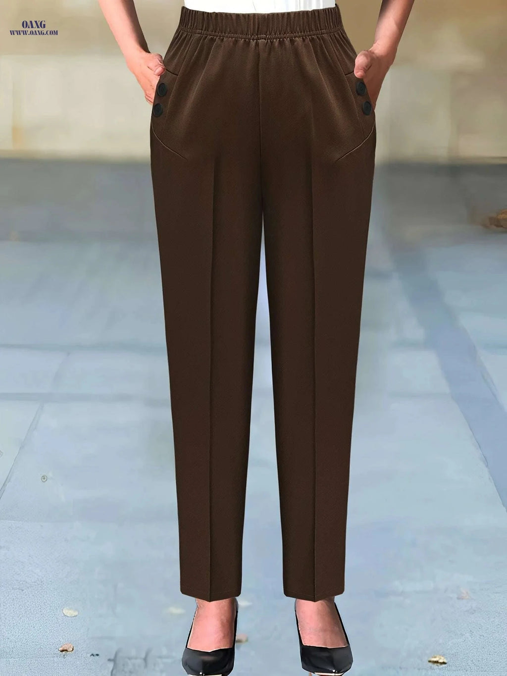 Elegant Beige Women's Pants - Sophisticated Non-Stretch Office Trousers   OAXG Black / S