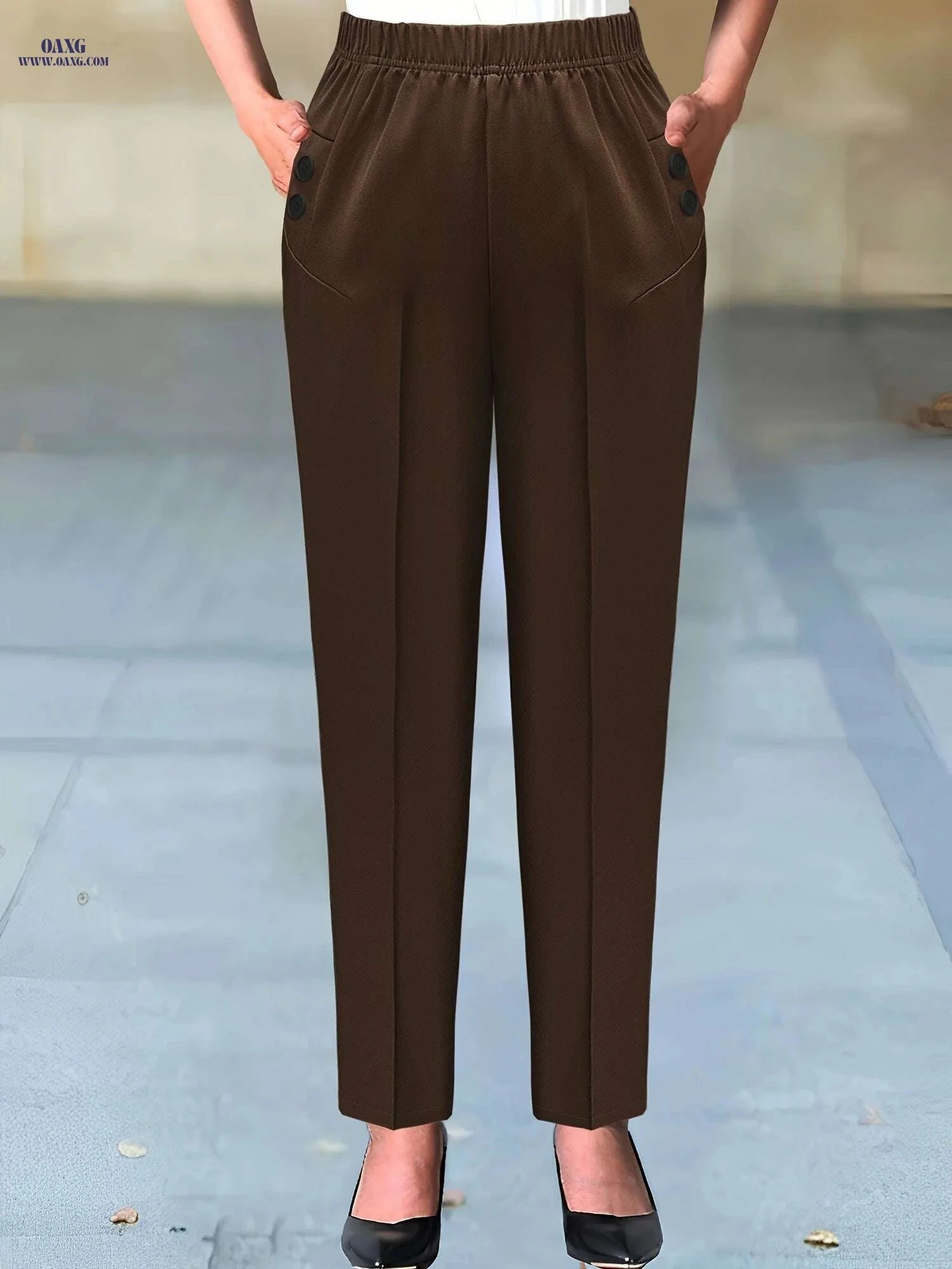 Elegant Beige Women's Pants - Sophisticated Non-Stretch Office Trousers   OAXG Black / S