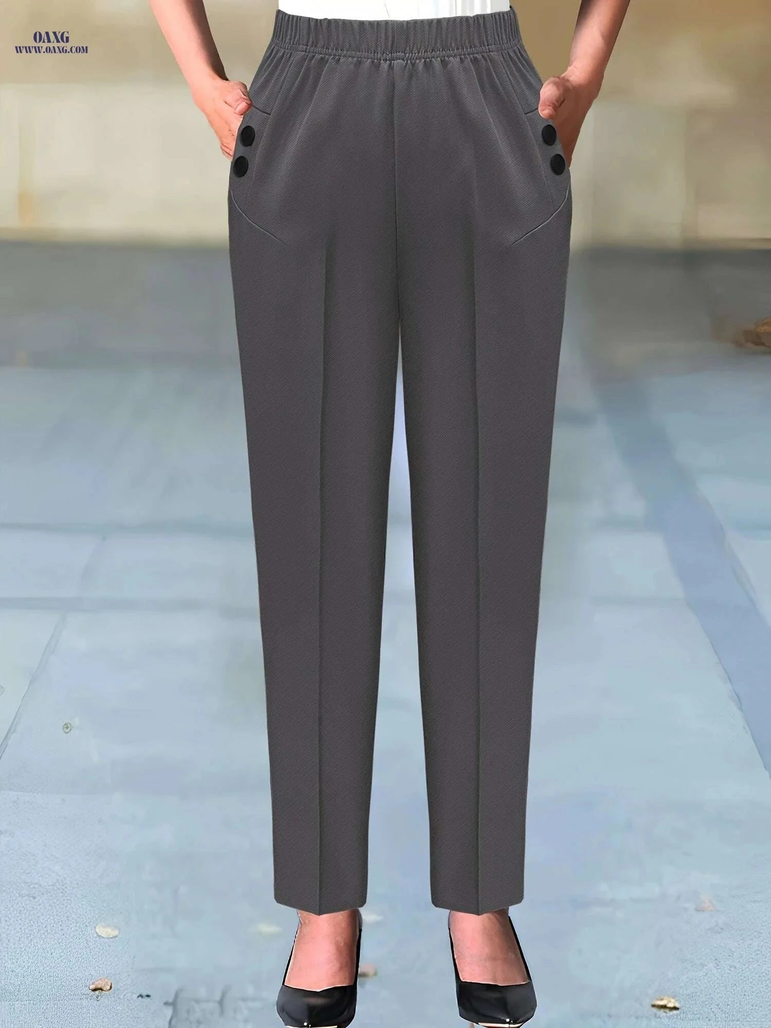 Elegant Beige Women's Pants - Sophisticated Non-Stretch Office Trousers   OAXG Black / S