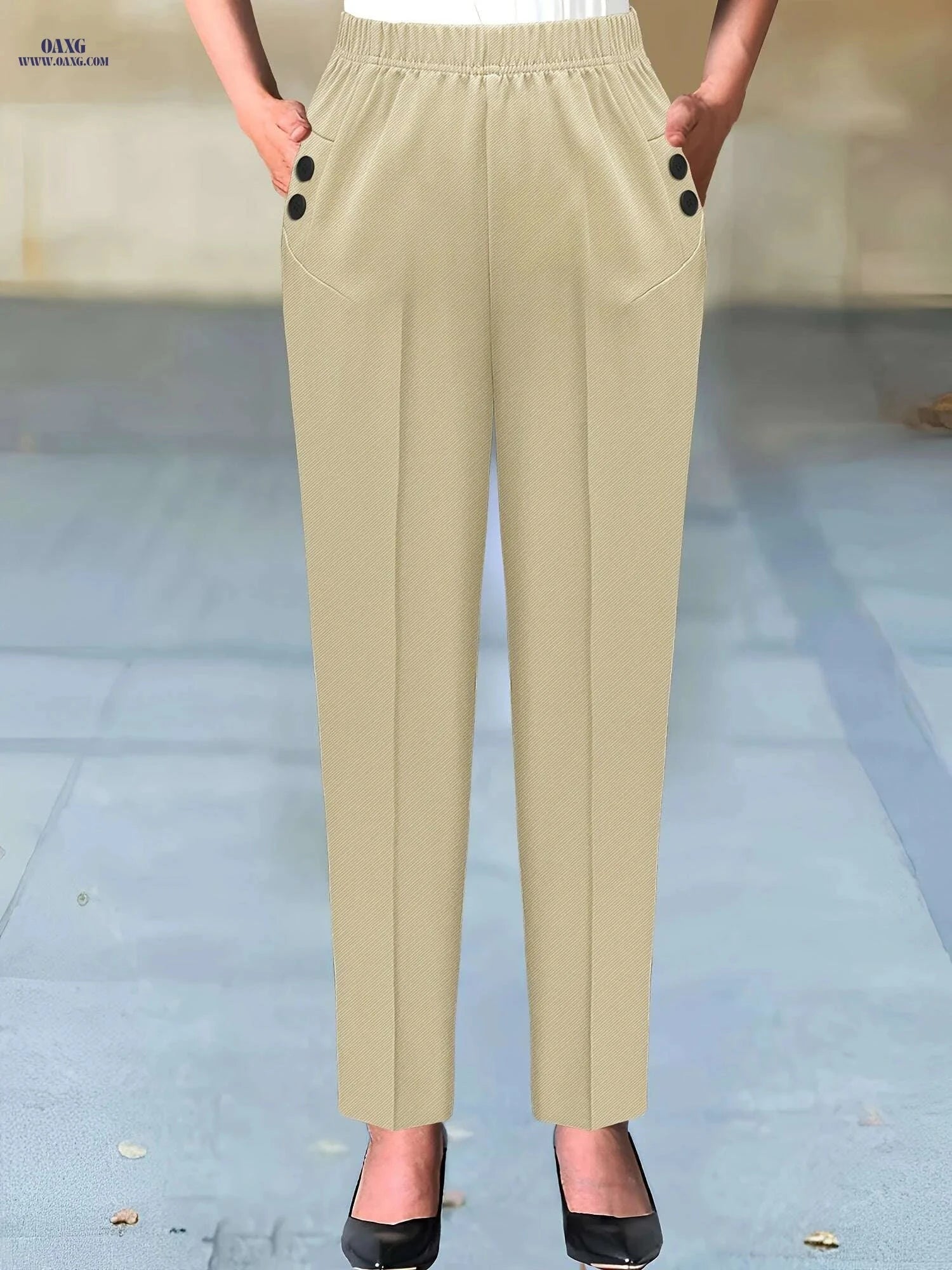 Elegant Beige Women's Pants - Sophisticated Non-Stretch Office Trousers   OAXG Black / S