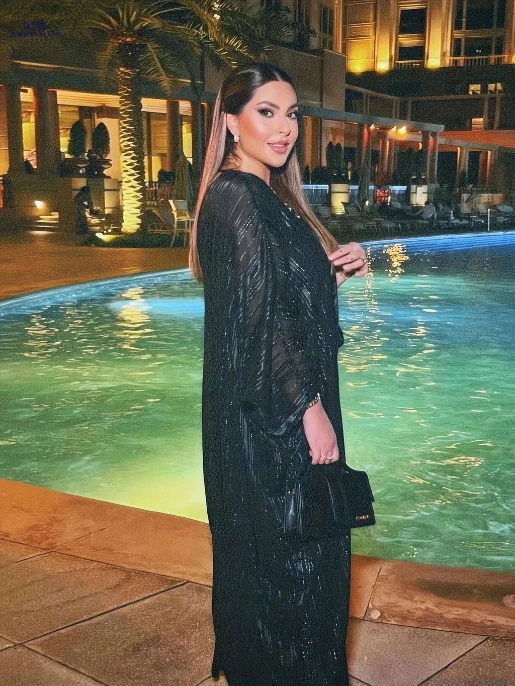 Elegant Black Abaya Dress Set - 2pcs Shiny Brocade Fabric   OAXG Black / S