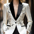 Elegant Black and White Floral Blazer - Slim Fit for Office Use   OAXG 