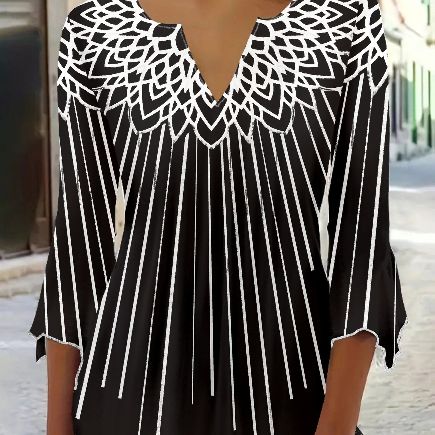 Elegant Black And White Striped V-Neck T-Shirt | Spring-Summer Collection, Versatile All-Season Wear   OAXG Black / S