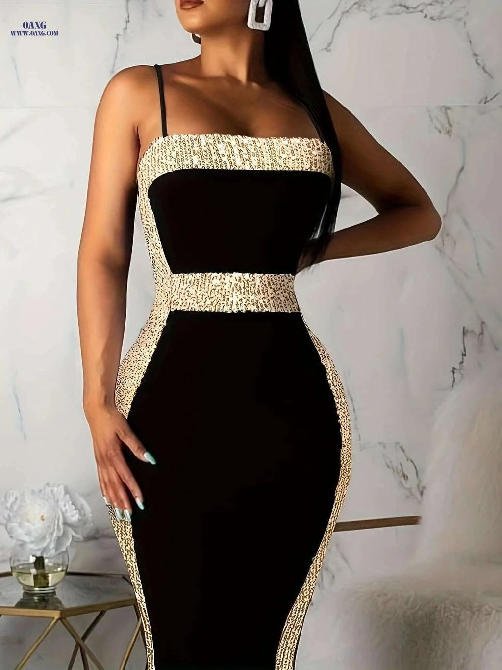 Elegant Black Bodycon Midi Dress - Off-the-Shoulder Sequin Style   OAXG 