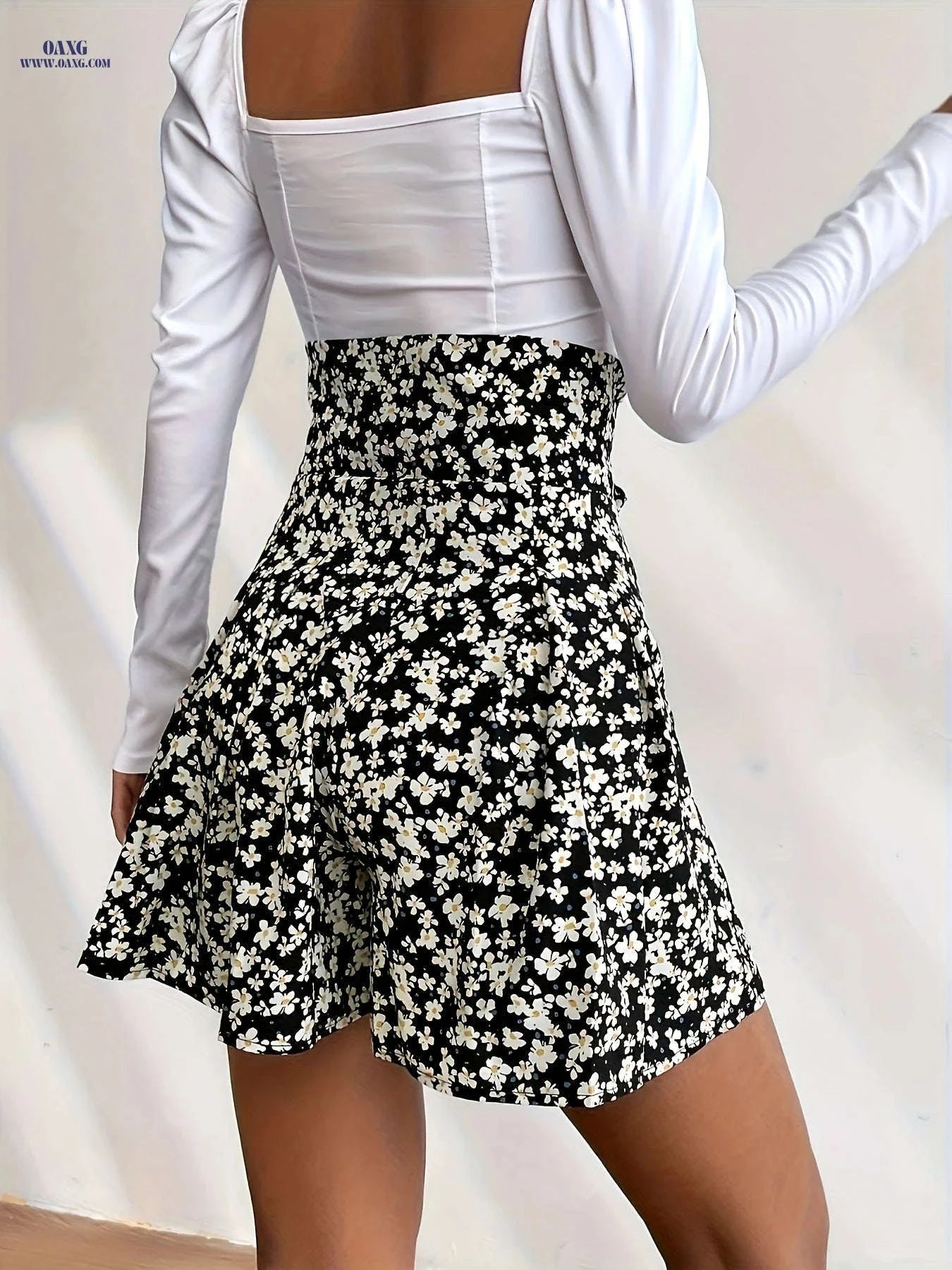 Elegant Black Floral Dress - High-Waisted Side Tie Style   OAXG 