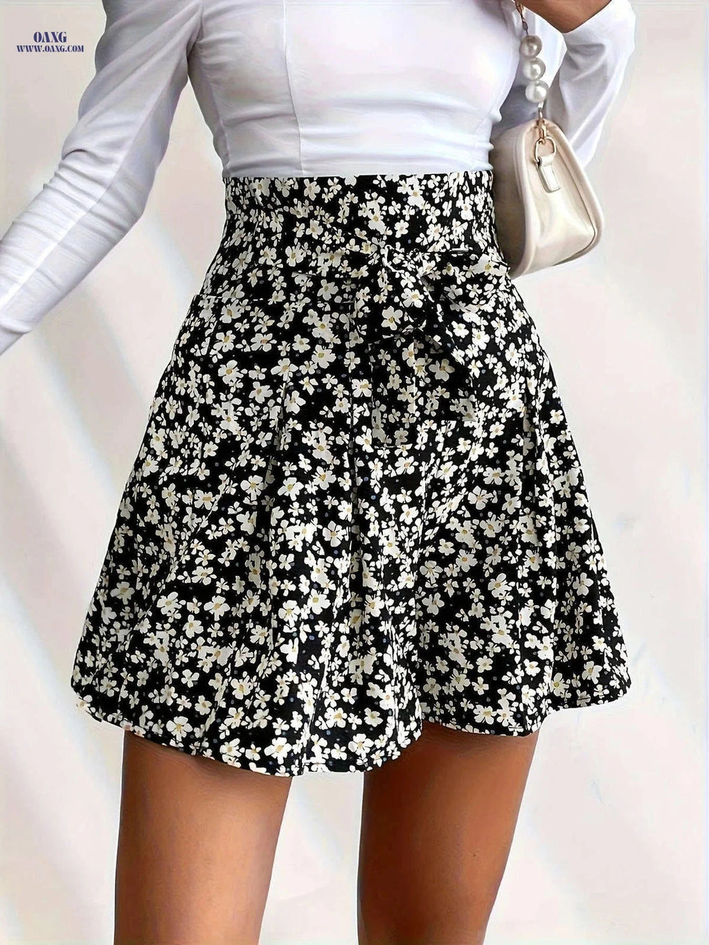 Elegant Black Floral Dress - High-Waisted Side Tie Style   OAXG 