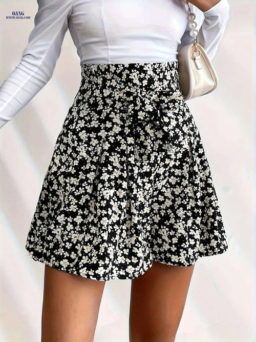 Elegant Black Floral Dress - High-Waisted Side Tie Style   OAXG 
