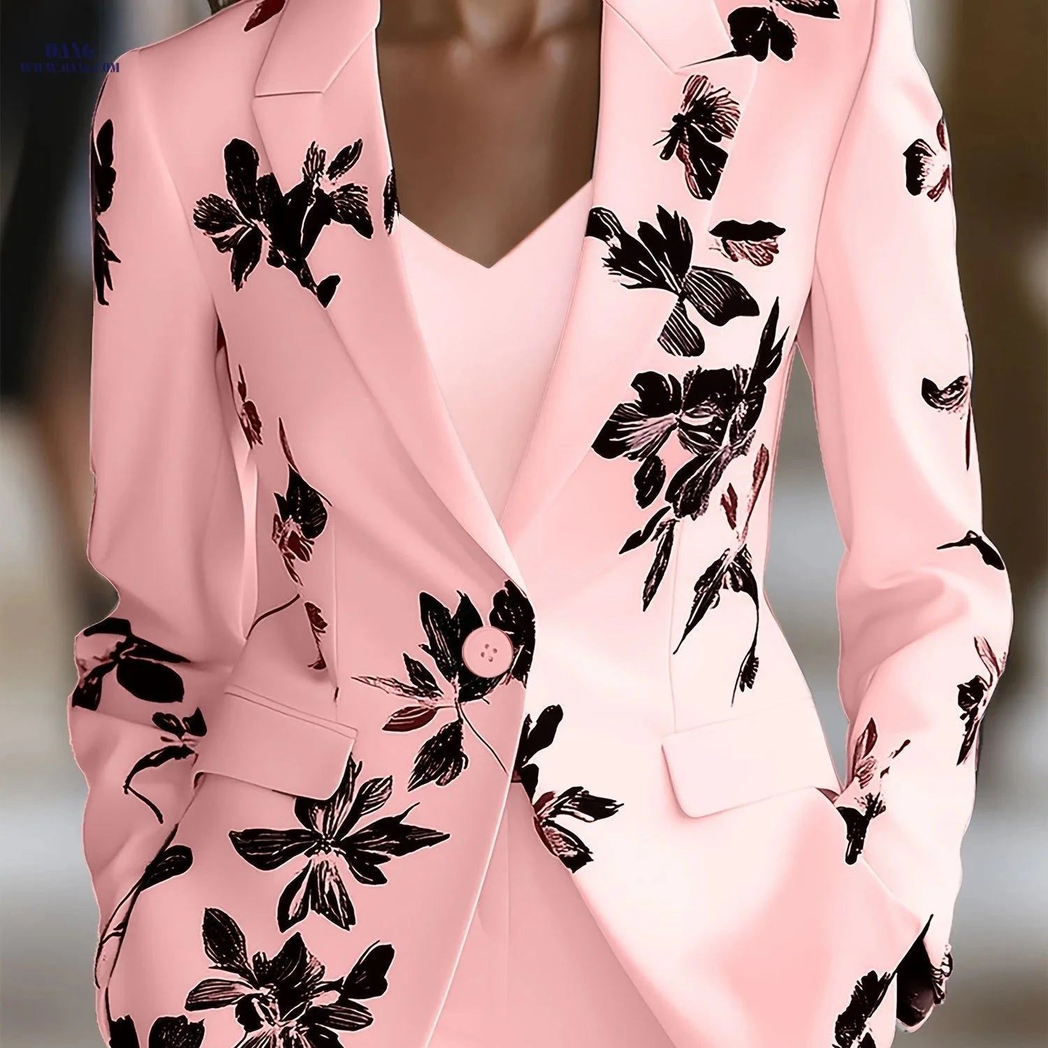 Elegant Black Floral Print Long-Sleeved Suit Jacket for Women   OAXG 