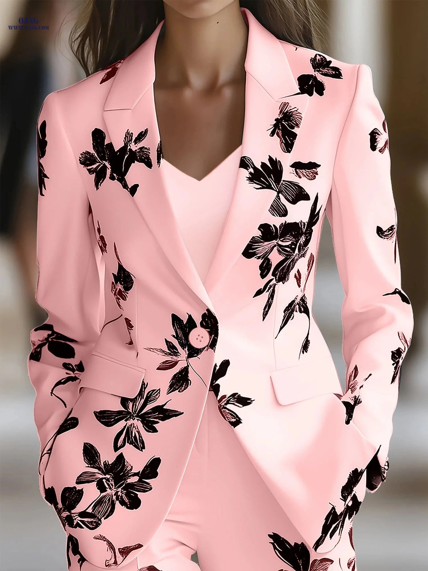 Elegant Black Floral Print Long-Sleeved Suit Jacket for Women   OAXG 