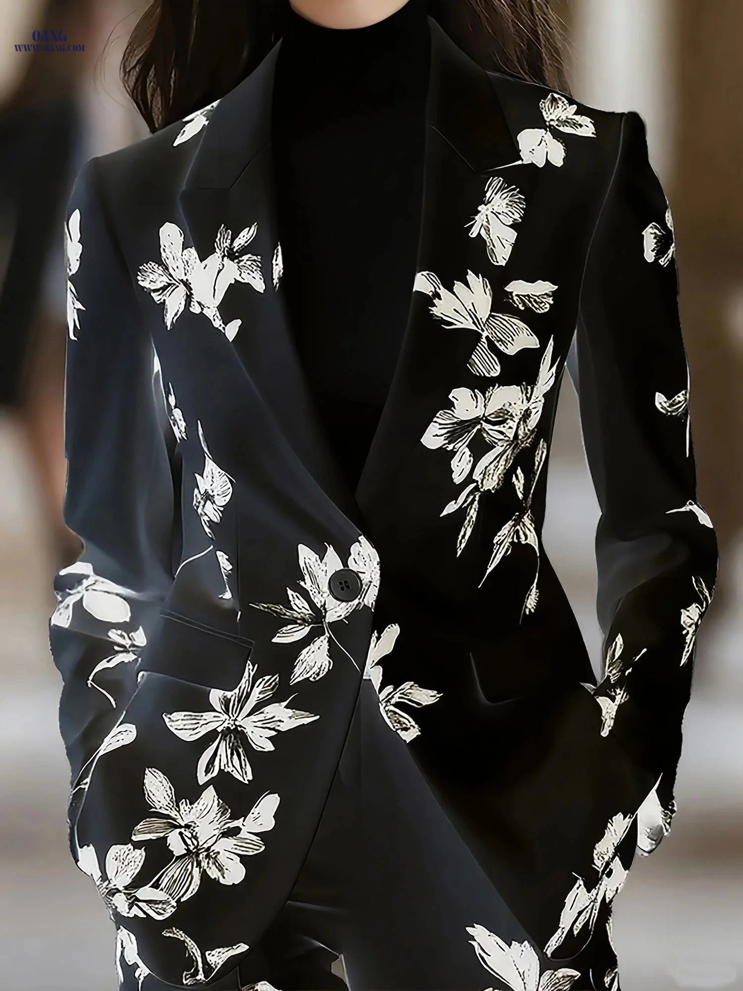 Elegant Black Floral Print Long-Sleeved Suit Jacket for Women   OAXG 