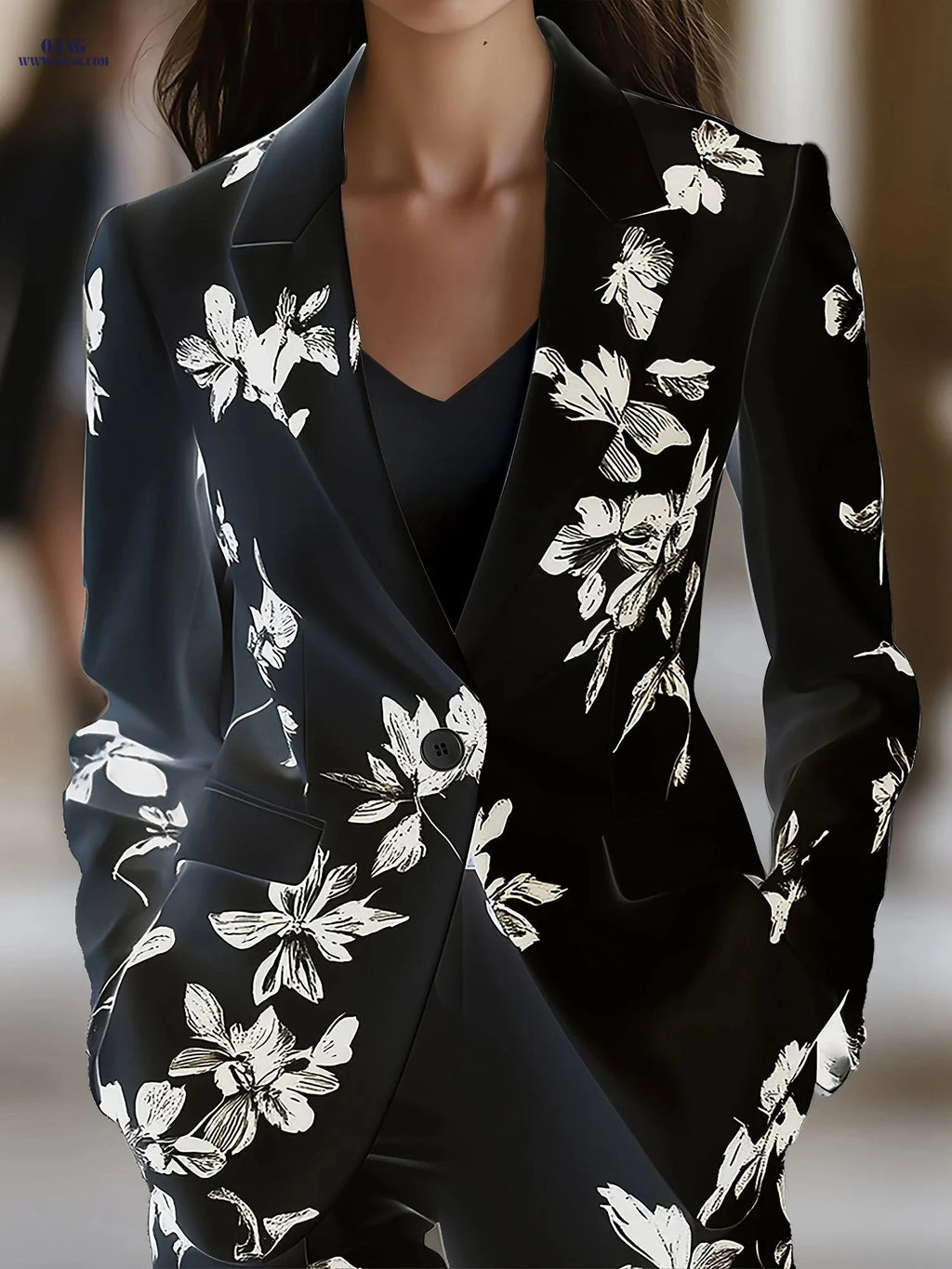 Elegant Black Floral Print Long-Sleeved Suit Jacket for Women   OAXG White / S