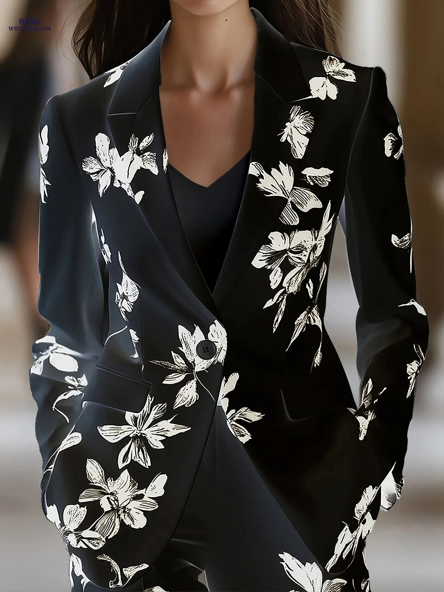 Elegant Black Floral Print Long-Sleeved Suit Jacket for Women   OAXG White / S