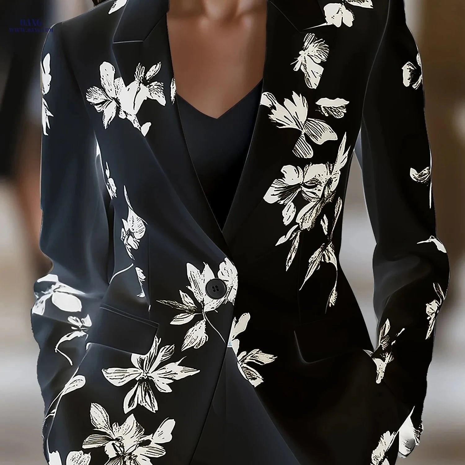 Elegant Black Floral Print Long-Sleeved Suit Jacket for Women   OAXG White / S