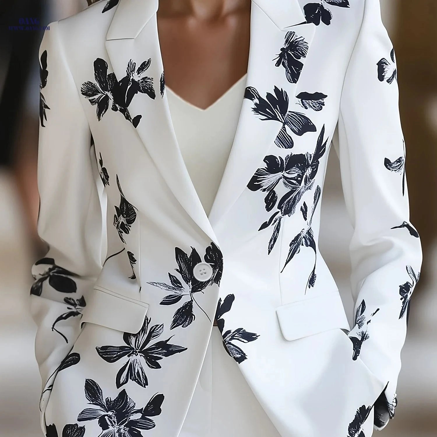 Elegant Black Floral Print Long-Sleeved Suit Jacket for Women   OAXG White / S