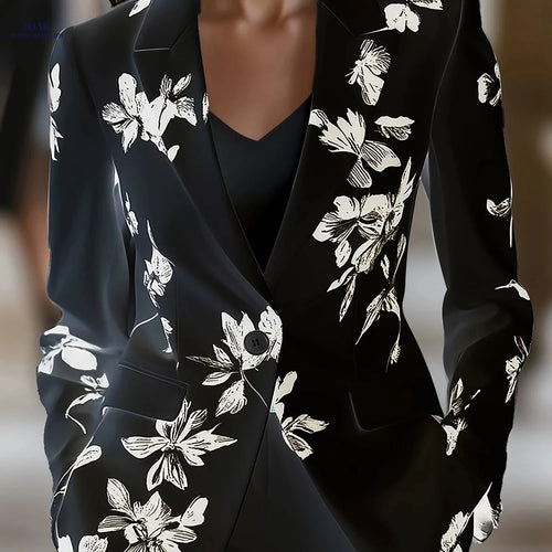Elegant Black Floral Print Long-Sleeved Suit Jacket for Women   OAXG White / S