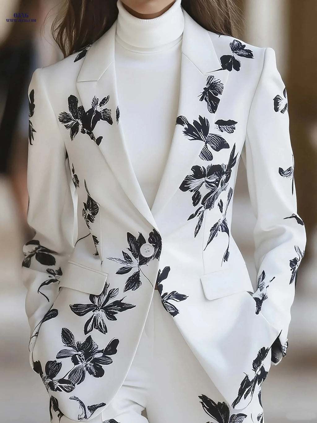 Elegant Black Floral Print Long-Sleeved Suit Jacket for Women   OAXG White / S