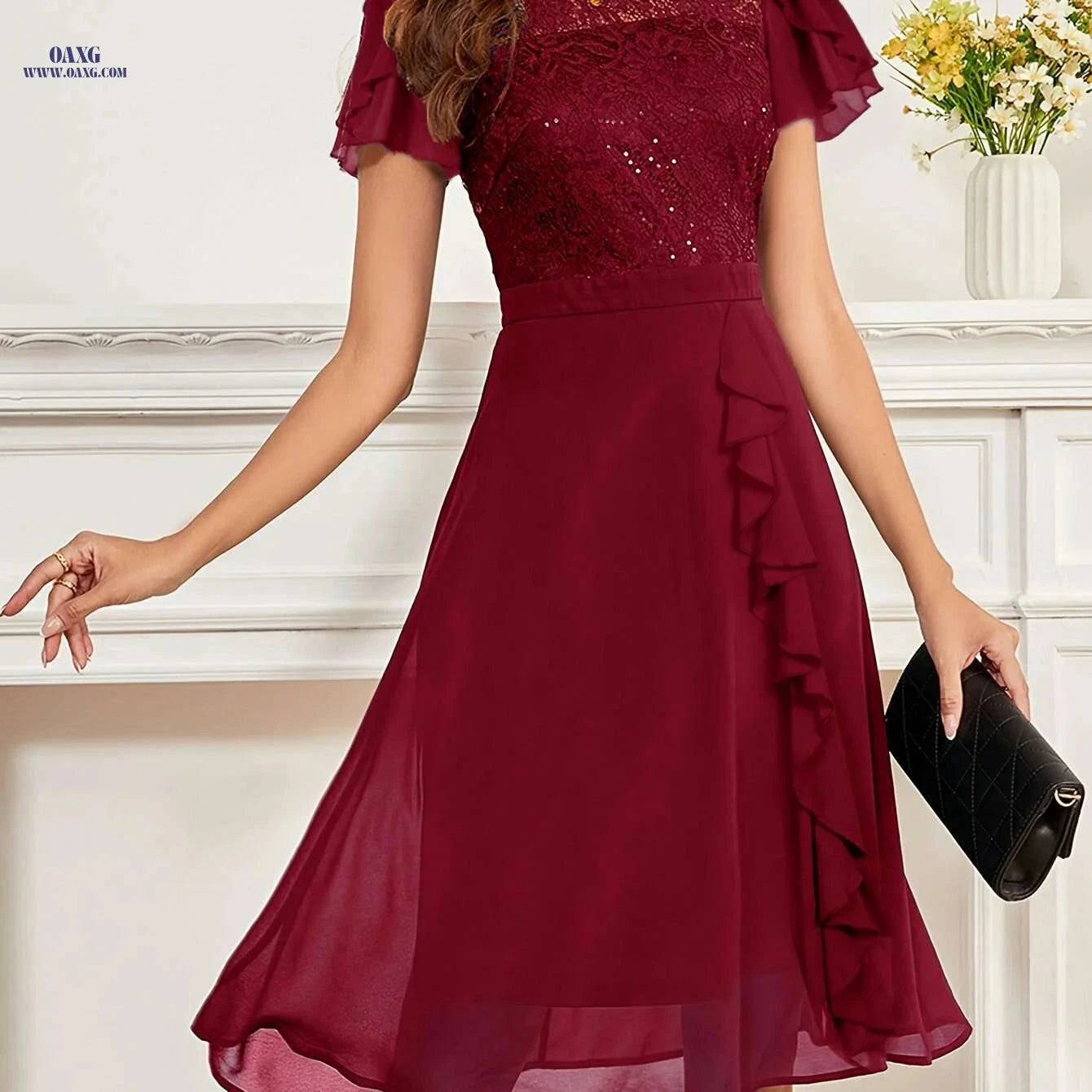 Elegant Black Lace Bridesmaid Dress - Short Sleeve Midi Gown   OAXG Purple / S