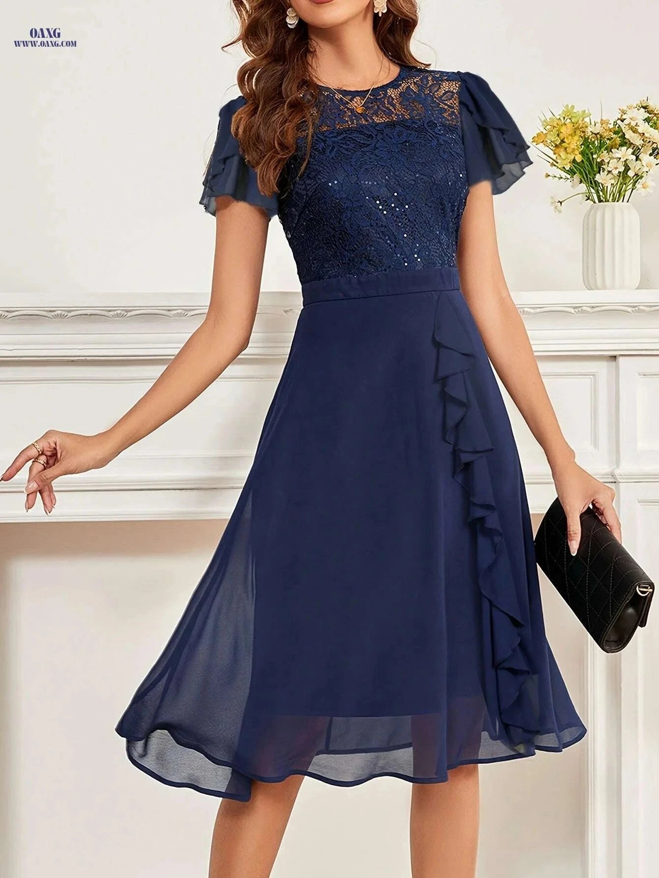 Elegant Black Lace & Sequin Bridesmaid Dress - Midi Length Cocktail Gown   OAXG 
