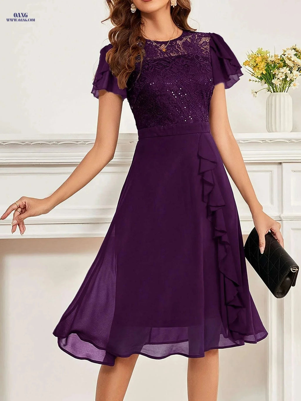 Elegant Black Lace & Sequin Bridesmaid Dress - Midi Length Cocktail Gown