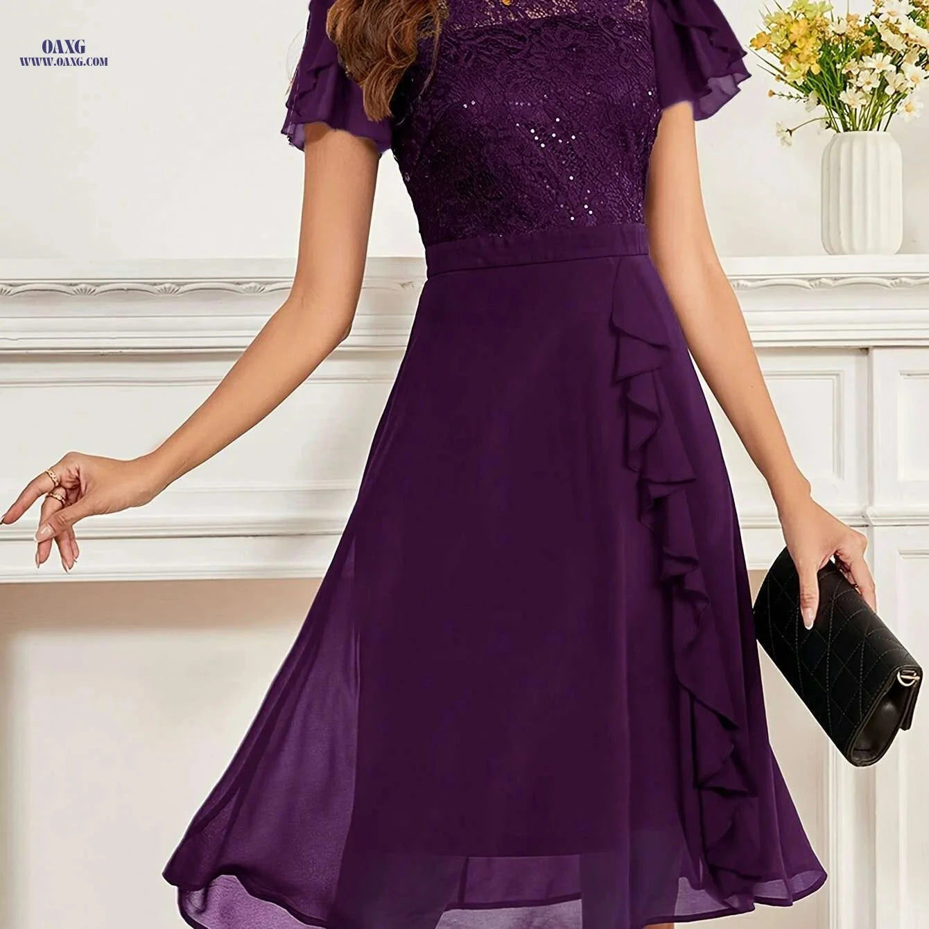 Elegant Black Lace & Sequin Bridesmaid Dress - Midi Length Cocktail Gown   OAXG 