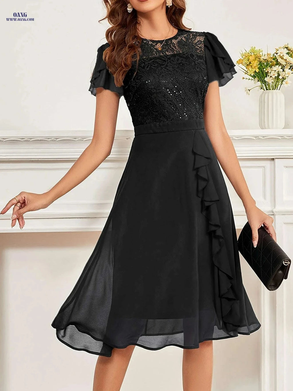 Elegant Black Lace & Sequin Bridesmaid Dress - Midi Length Cocktail Gown   OAXG 