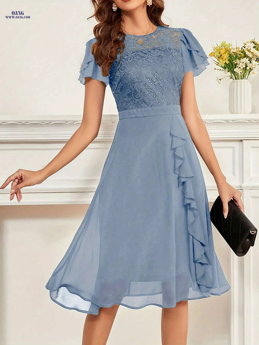 Elegant Black Lace & Sequin Bridesmaid Dress - Midi Length Cocktail Gown   OAXG Purple / S