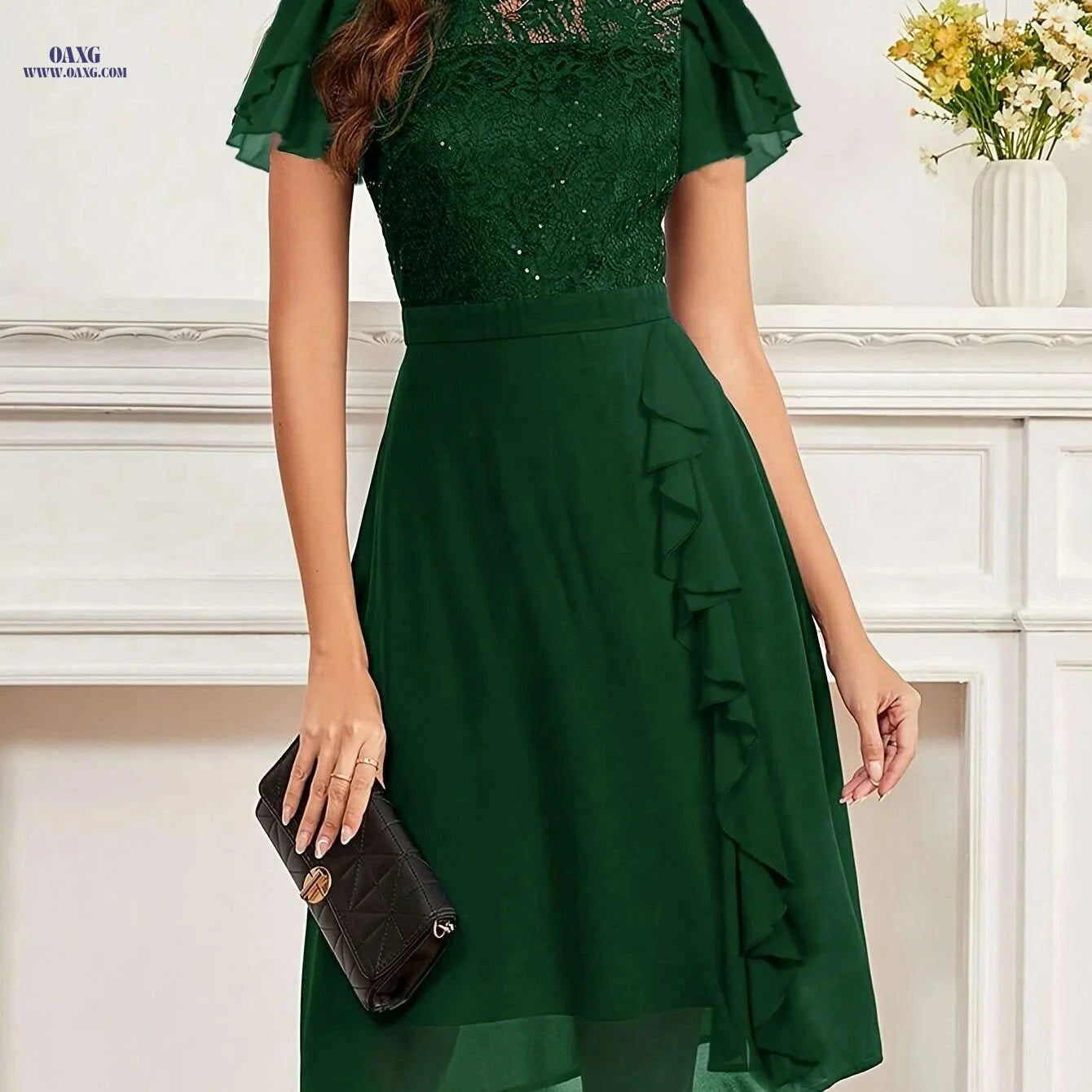 Elegant Black Lace & Sequin Bridesmaid Dress - Midi Length Cocktail Gown   OAXG Purple / S