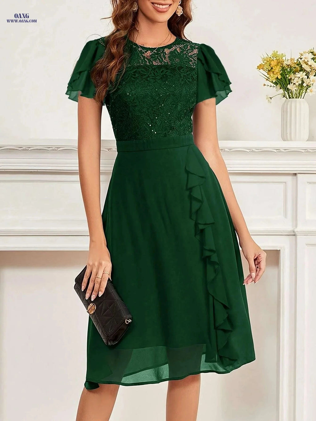 Elegant Black Lace & Sequin Bridesmaid Dress - Midi Length Cocktail Gown   OAXG Purple / S