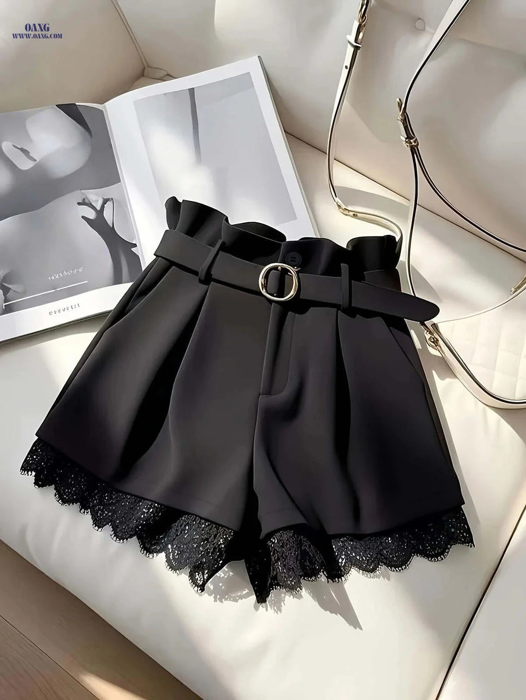 Elegant Black Lace Trim Skirt Shorts - High Waist with Buckle Belt   OAXG 