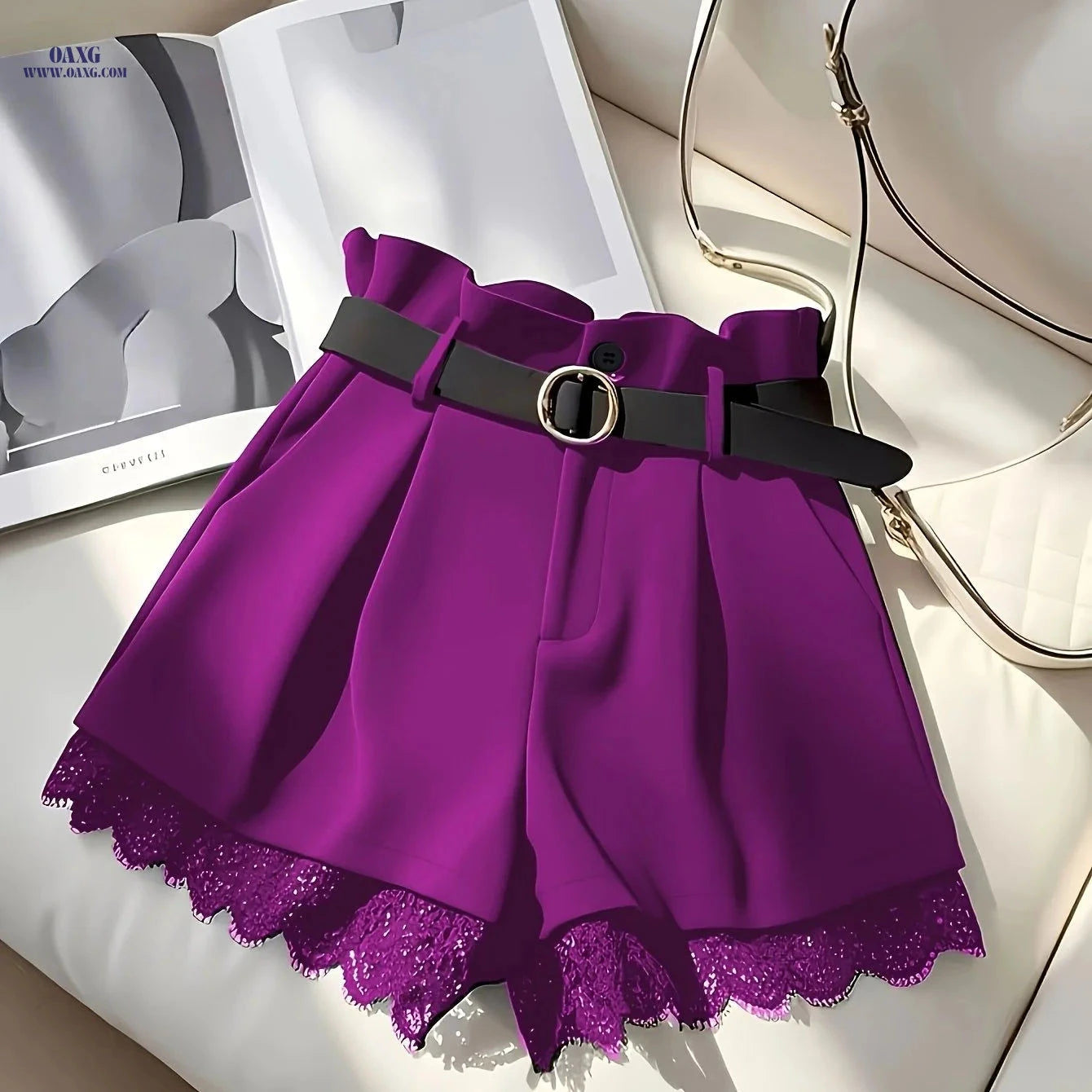 Elegant Black Lace Trim Skirt Shorts - High Waist with Buckle Belt   OAXG 
