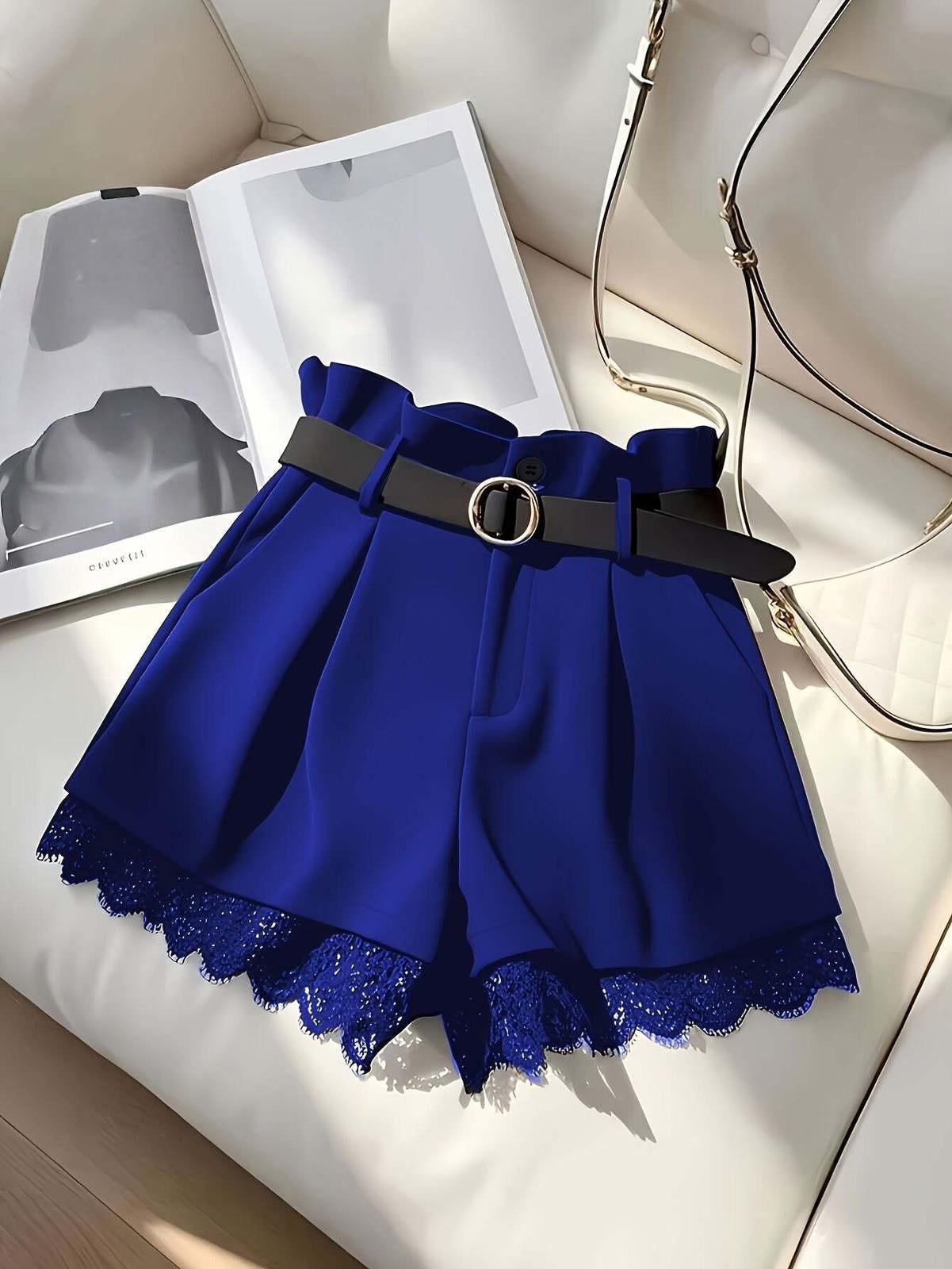 Elegant Black Lace Trim Skirt Shorts - High Waist with Buckle Belt   OAXG 