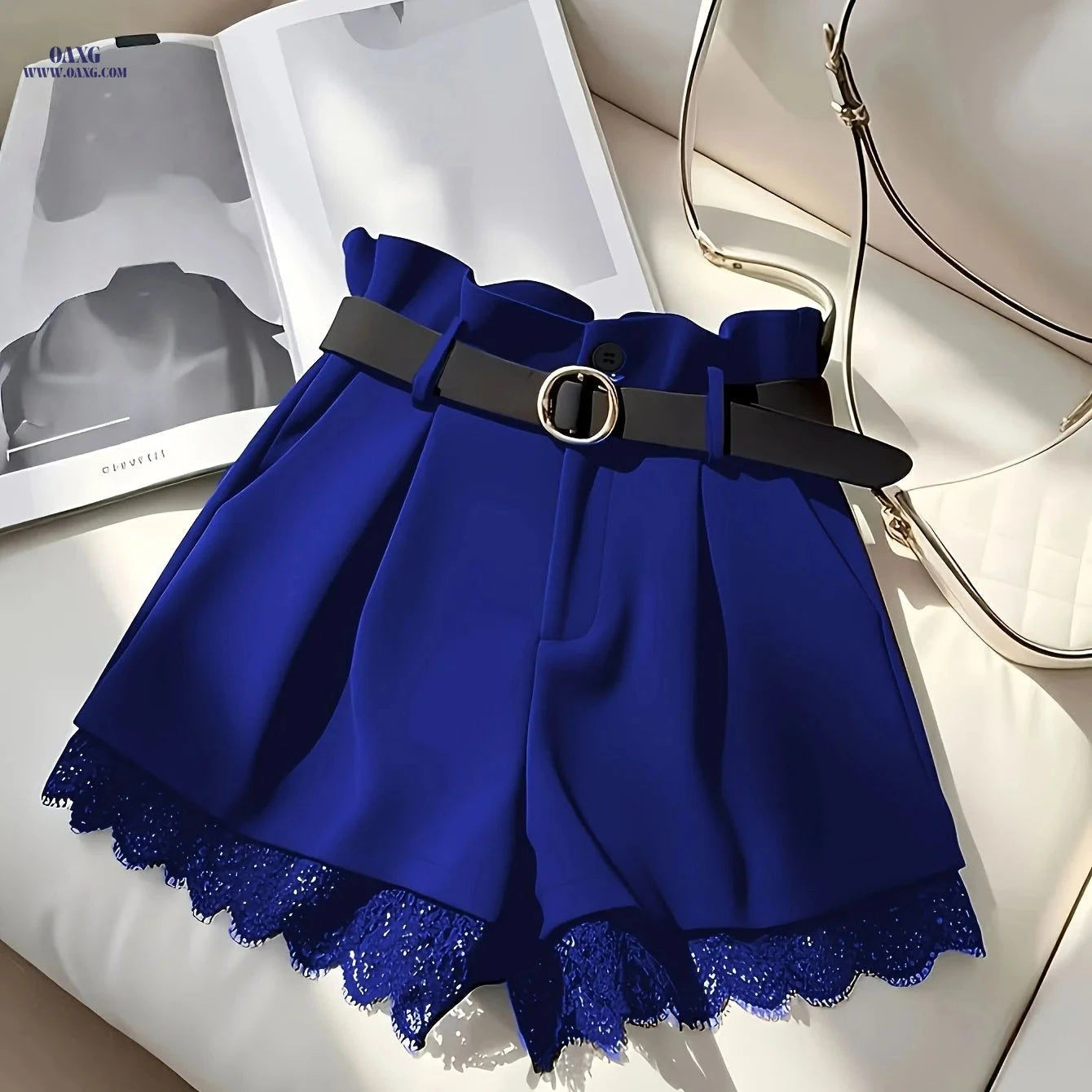 Elegant Black Lace Trim Skirt Shorts - High Waist with Buckle Belt   OAXG 