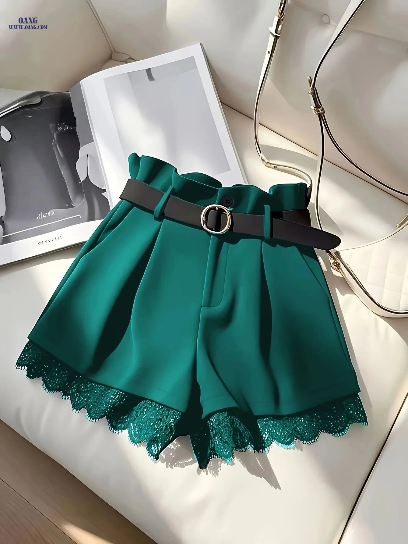 Elegant Black Lace Trim Skirt Shorts - High Waist with Buckle Belt   OAXG 