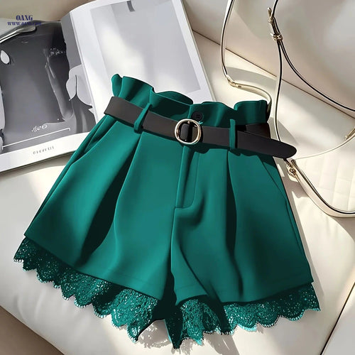 Elegant Black Lace Trim Skirt Shorts - High Waist with Buckle Belt   OAXG 
