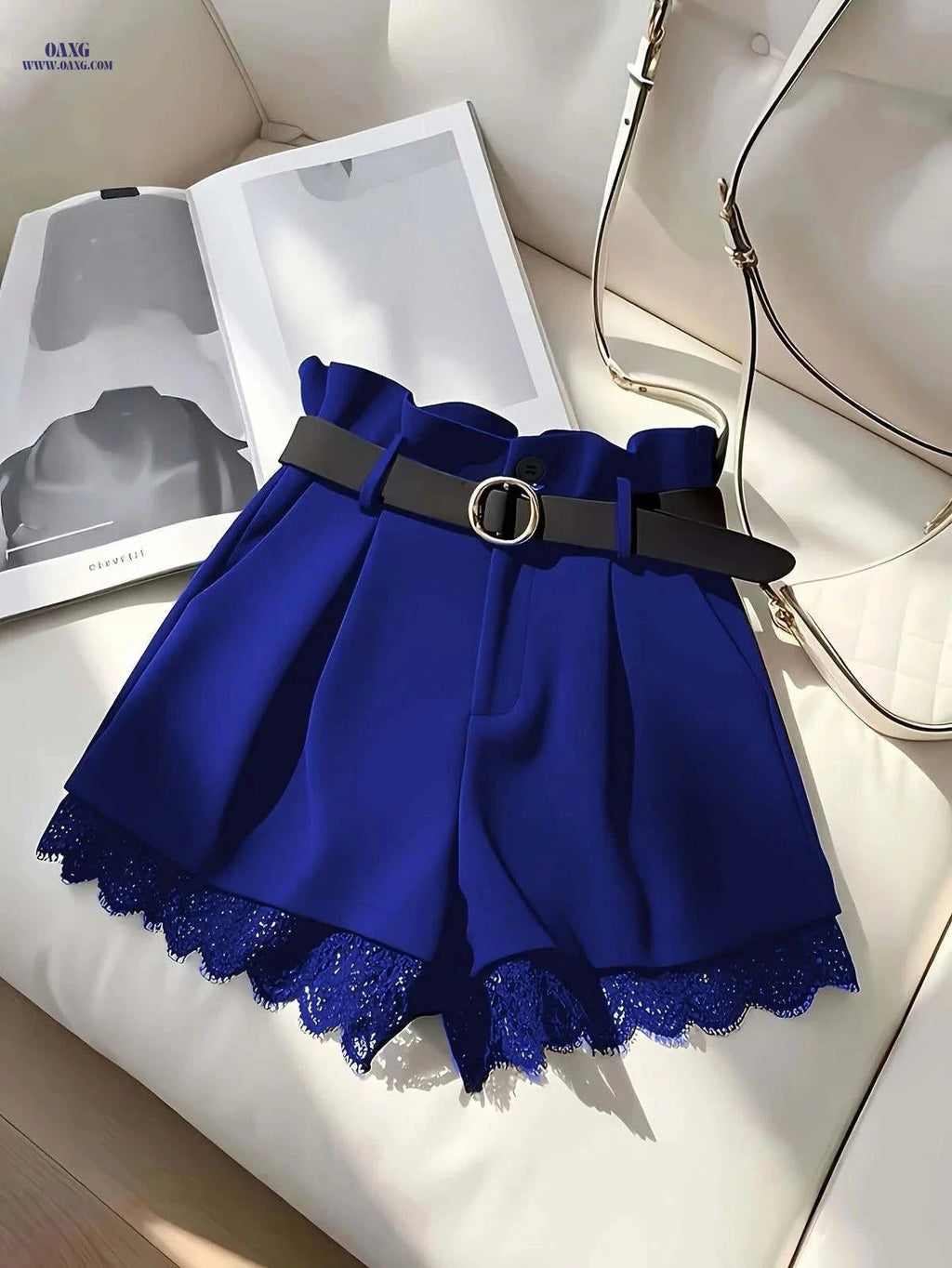 Elegant Black Lace Trim Skirt Shorts - High Waist with Buckle Belt   OAXG 