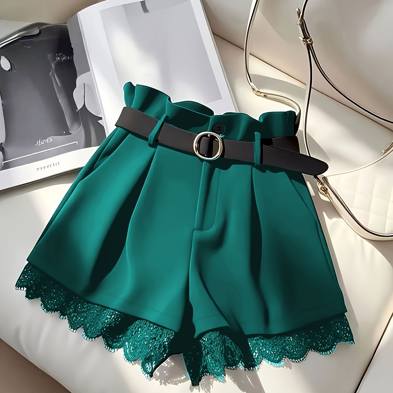 Elegant Black Lace Trim Skirt Shorts - High Waist with Buckle Belt   OAXG Black / S