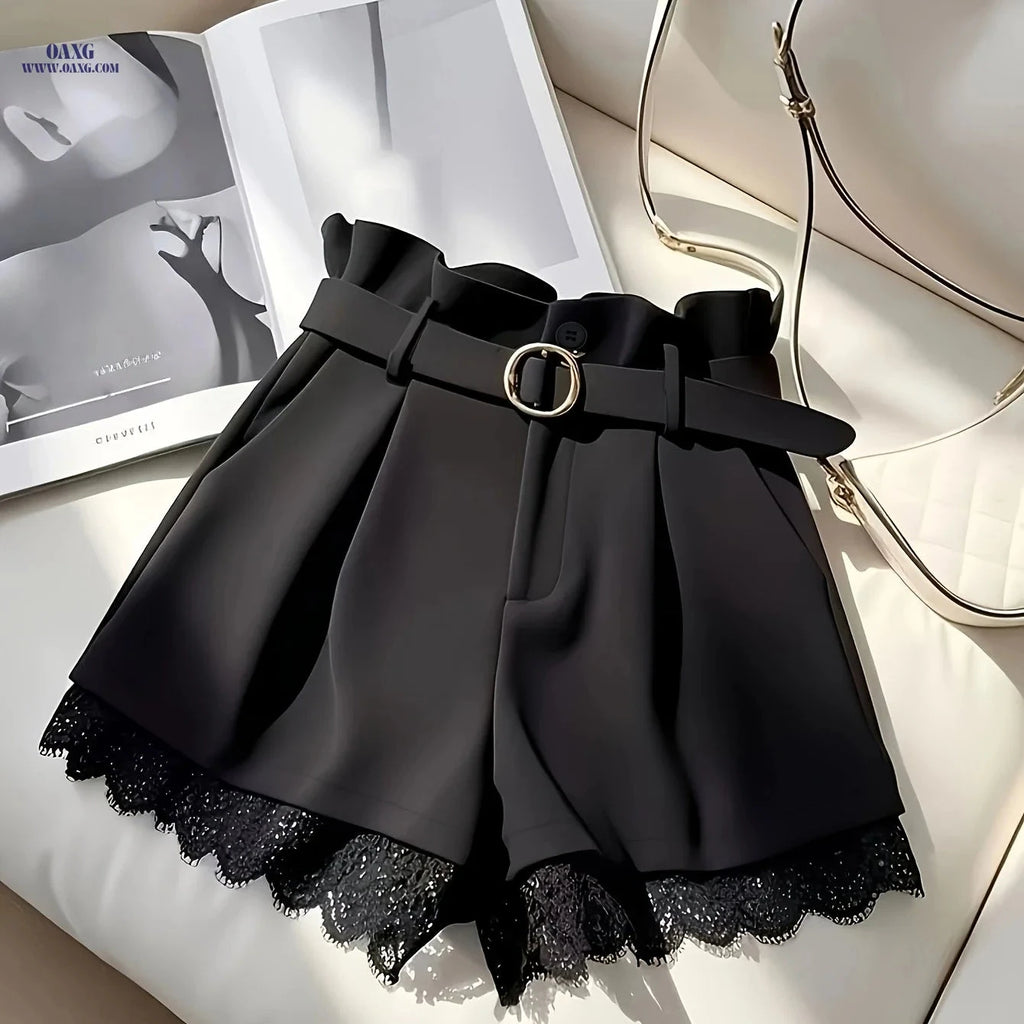 Elegant Black Lace Trim Skirt Shorts - High Waist with Buckle Belt   OAXG 