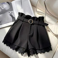 Elegant Black Lace Trim Skirt Shorts - High Waist with Buckle Belt   OAXG 