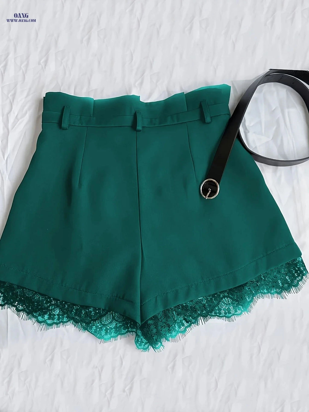 Elegant Black Lace Trim Skirt Shorts - High Waist with Buckle Belt   OAXG 