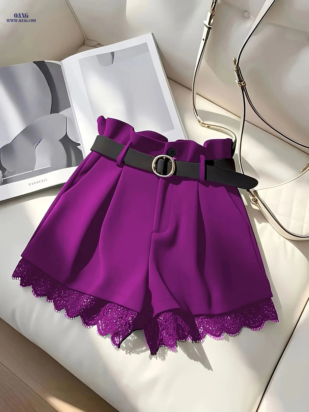 Elegant Black Lace Trim Skirt Shorts - High Waist with Buckle Belt   OAXG 