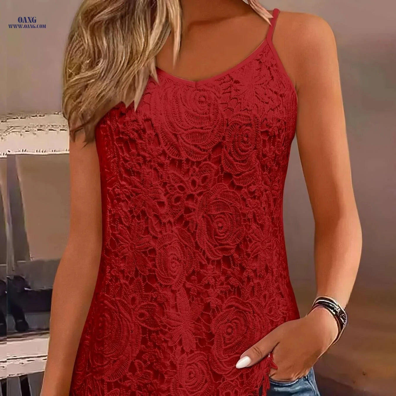 Elegant Black Lace-Trimmed V-Neck Tank Top for Women - Summer Style   OAXG 