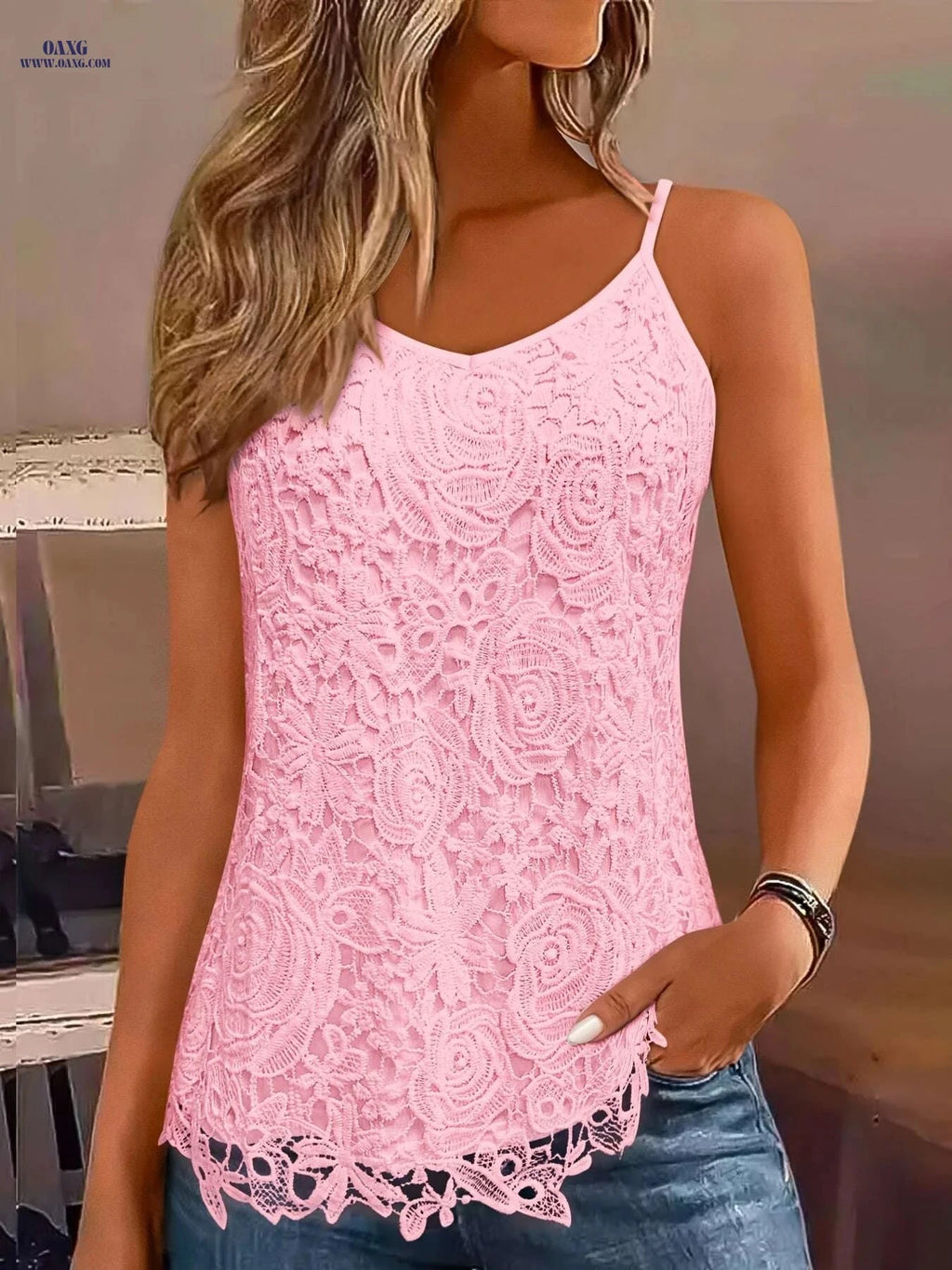 Elegant Black Lace-Trimmed V-Neck Tank Top for Women - Summer Style   OAXG White / S