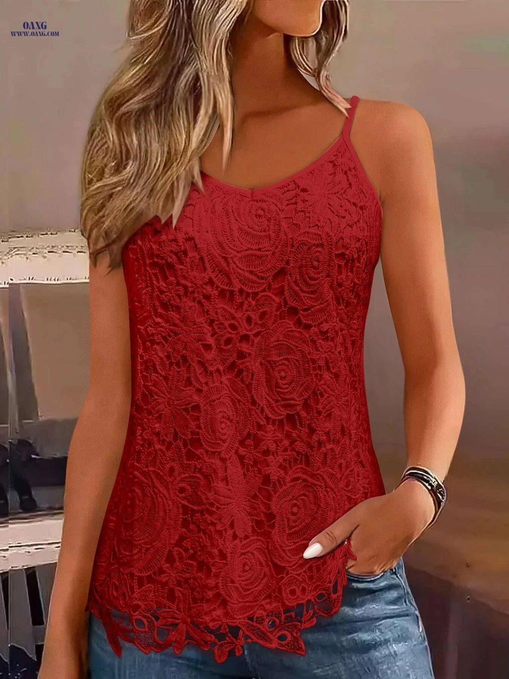 Elegant Black Lace-Trimmed V-Neck Tank Top for Women - Summer Style   OAXG White / S